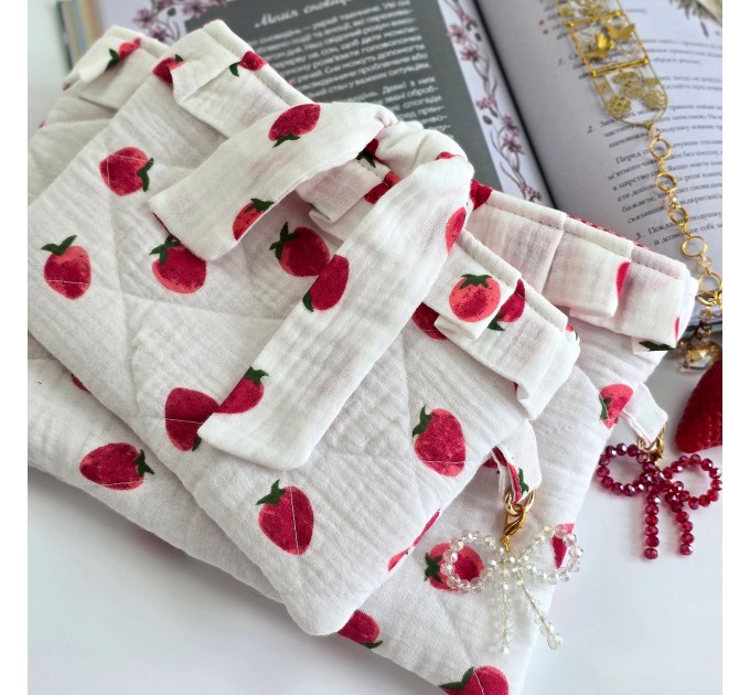 Strawberry book sleeve with ruffles on ties 