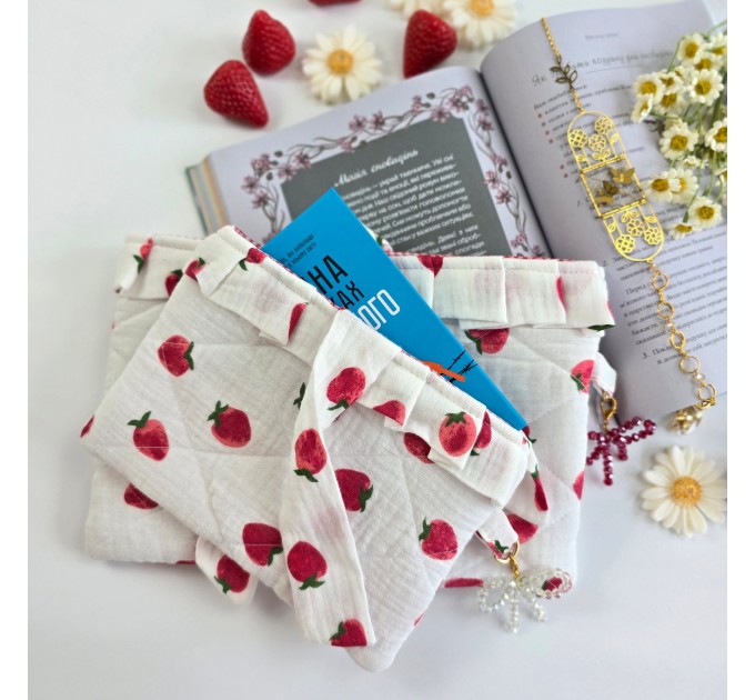 Strawberry book sleeve with ruffles on ties 