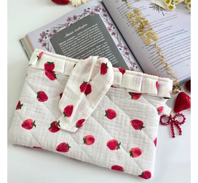 Strawberry book sleeve with ruffles on ties 