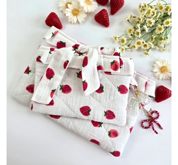 Strawberry book sleeve with ruffles on ties 