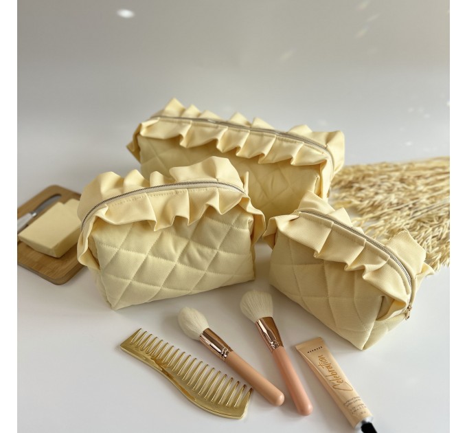 Small butter yellow cosmetic bag with ruffles