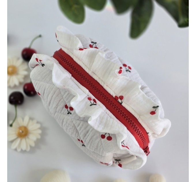 Small cherries cosmetic bag with ruffles