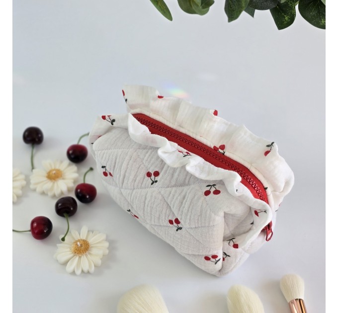 Small cherries cosmetic bag with ruffles