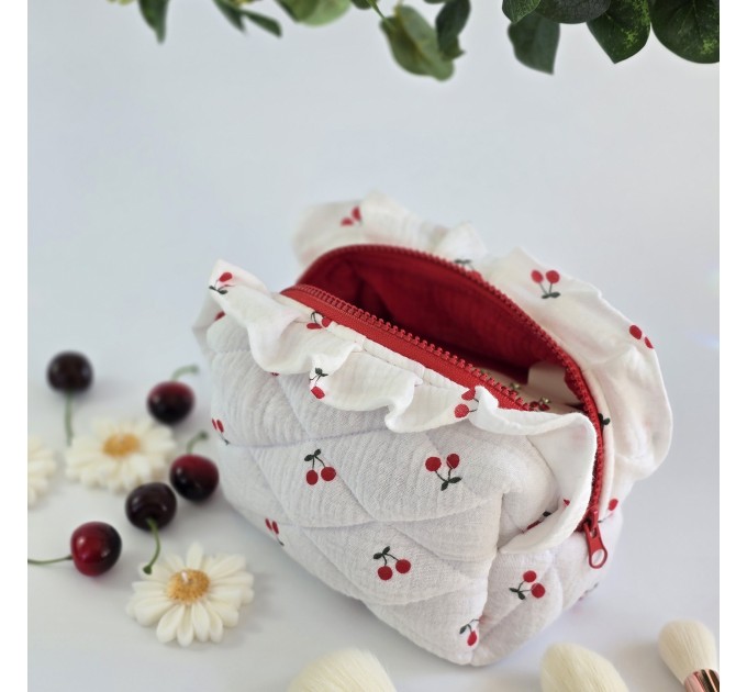 Small cherries cosmetic bag with ruffles