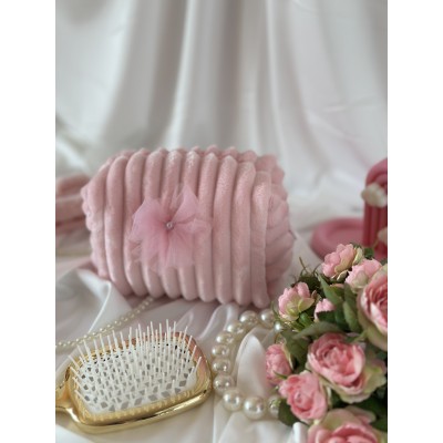 Small pink plush cosmetic bag with bows