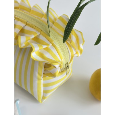 Small yellow striped ruffle cosmetic bag