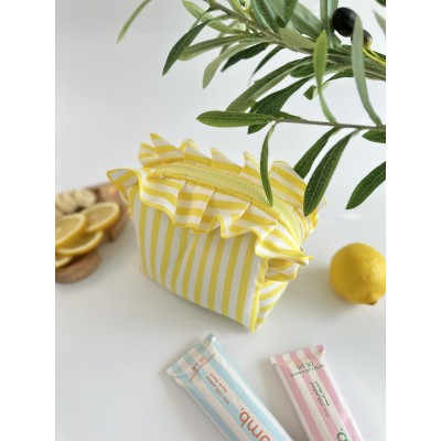 Small yellow striped ruffle cosmetic bag