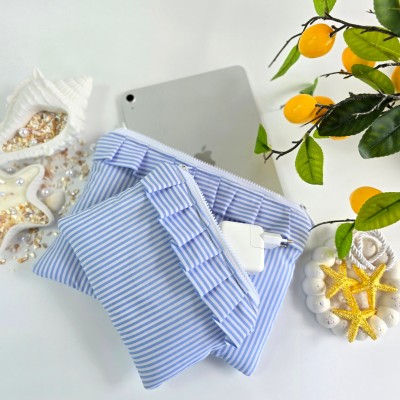 Blue striped Tablet sleeve with ruffles