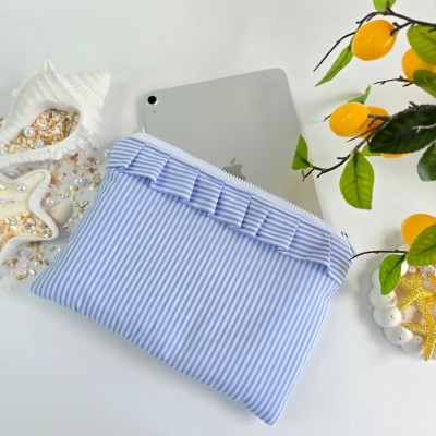 Blue striped Tablet sleeve with ruffles