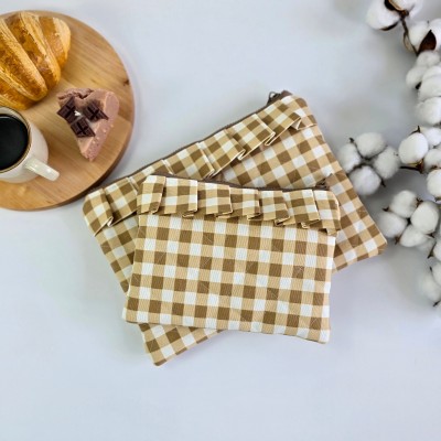 Latte vibe checkered brown Tablet sleeve with ruffles